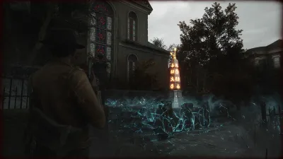 Glowing ritual circle on an Arkham street with the protagonist approaching