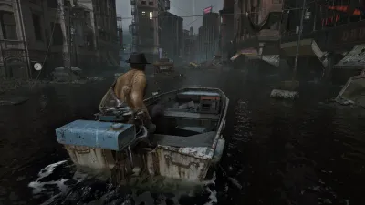 Protagonist steering a boat through the flooded streets of Arkham