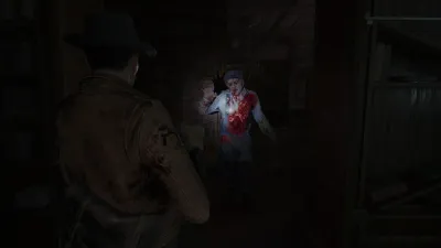 Bloodied figure standing in a dim Arkham room while the protagonist looks on