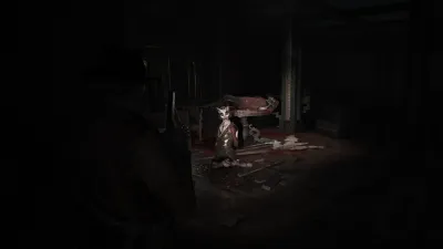 Dark Arkham interior with a figure lit by a single lamp