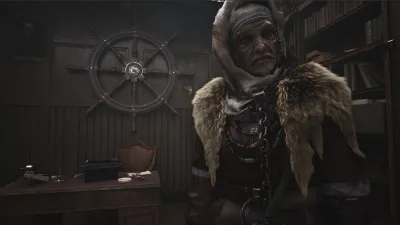 Woman in a fur-collared coat standing in a wooden Arkham office