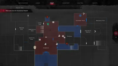 Arkham building map screen with numbered rooms and a locked area