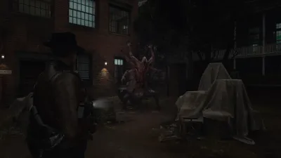 Arkham back street with covered furniture and the protagonist in the foreground